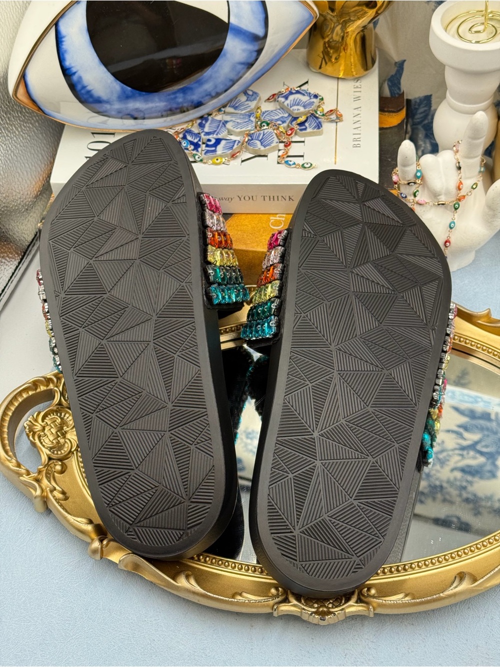 🧿🧿 KURT GEIGER LONDON Meena Eagle Jewel Crystal Studded Slide, Black Rainbow - Picture 13 of 14